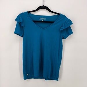 Lilly Pulitzer Teal Ruffle SAMIRA V Neck Shirt XS